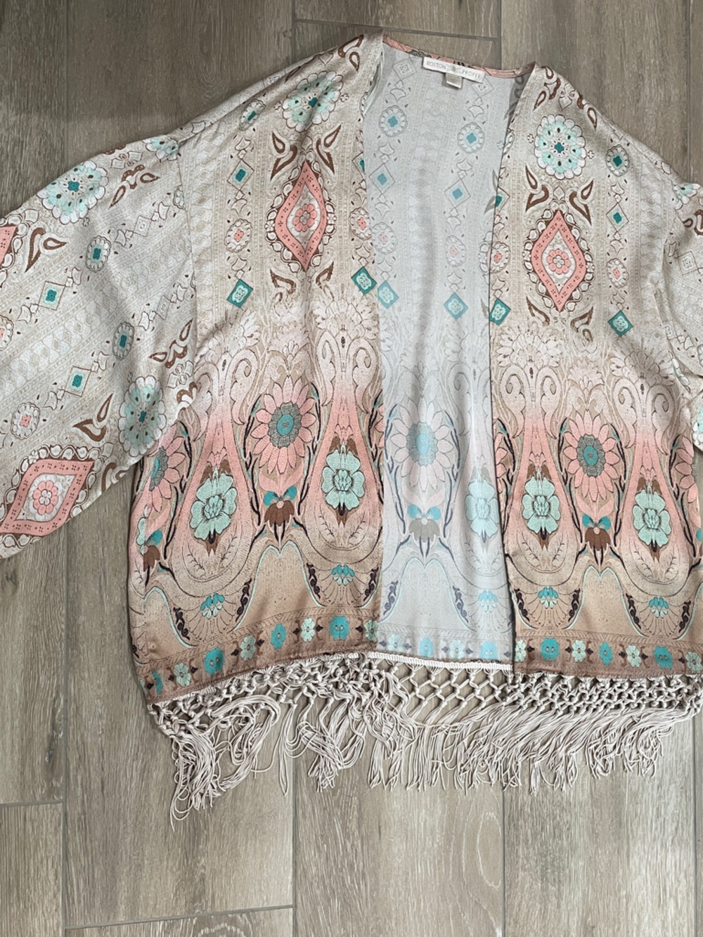 Boston Proper Sheer Printed Kimono with Peach and Mint Accents